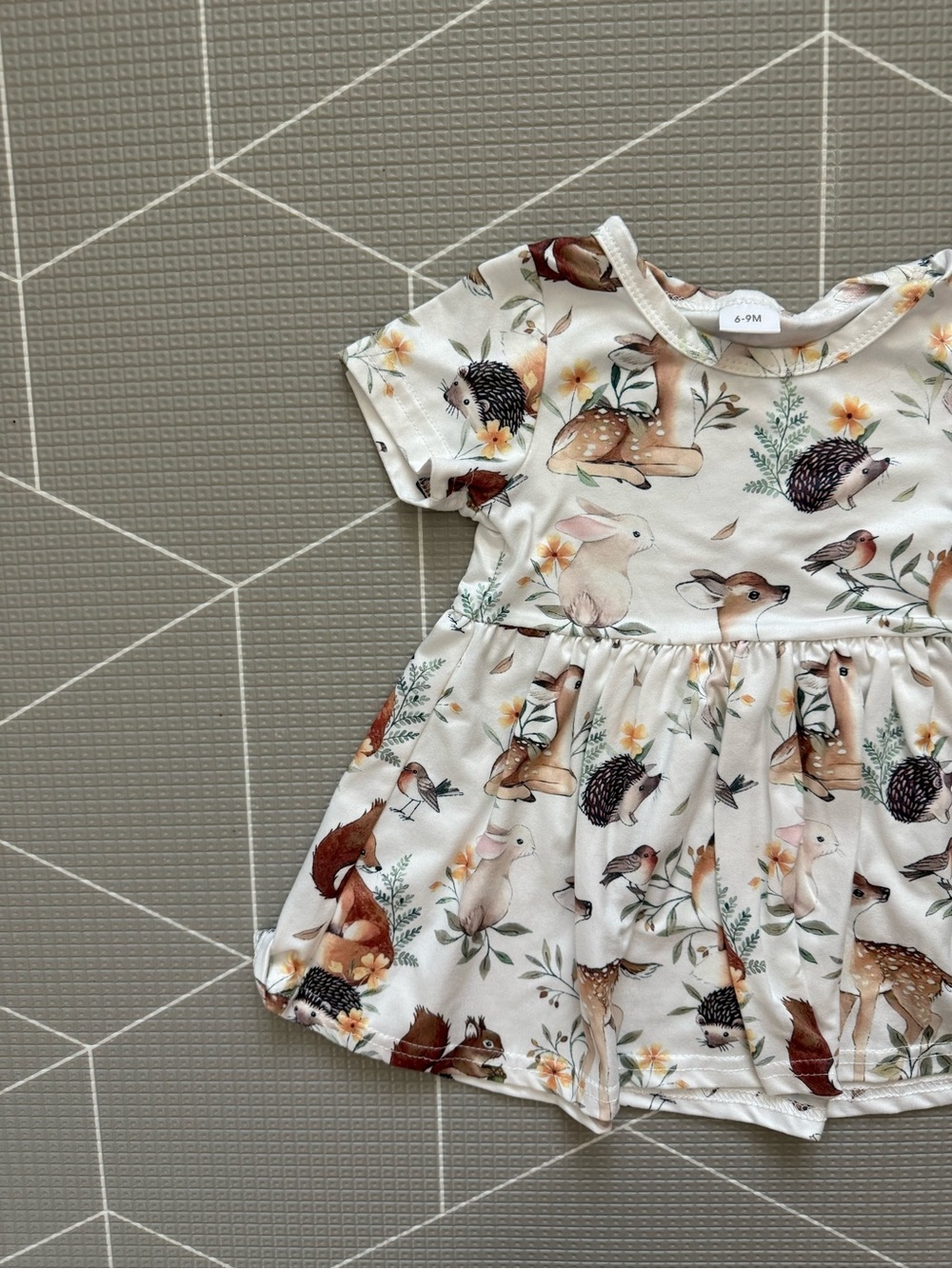 Small shop|Baby girl Woodland Animals short sleeve Dress-Cream neutral,6-9M,boho